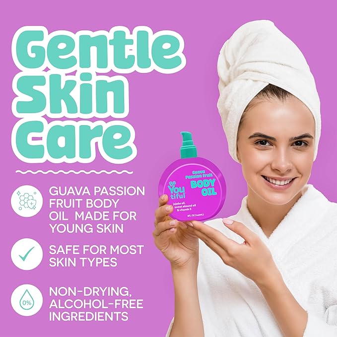 BeYoutiful Moisturizing Body Oil for Kids & Teens, Guava Passion Fruit Glow Oil with Jojoba & Sweet Almond, Hydrating Bath Oil for Soft Skin, 8 oz