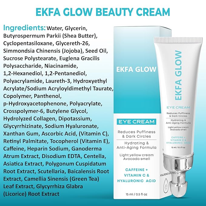 Eye Cream – Reduces Puffiness & Dark Circles & Wrinkles | Hydrating & Anti-Aging Formula | Caffeine, Vitamin C & Hyaluronic Acid | Light Yellow Cream with Avocado Fragrance,15ml