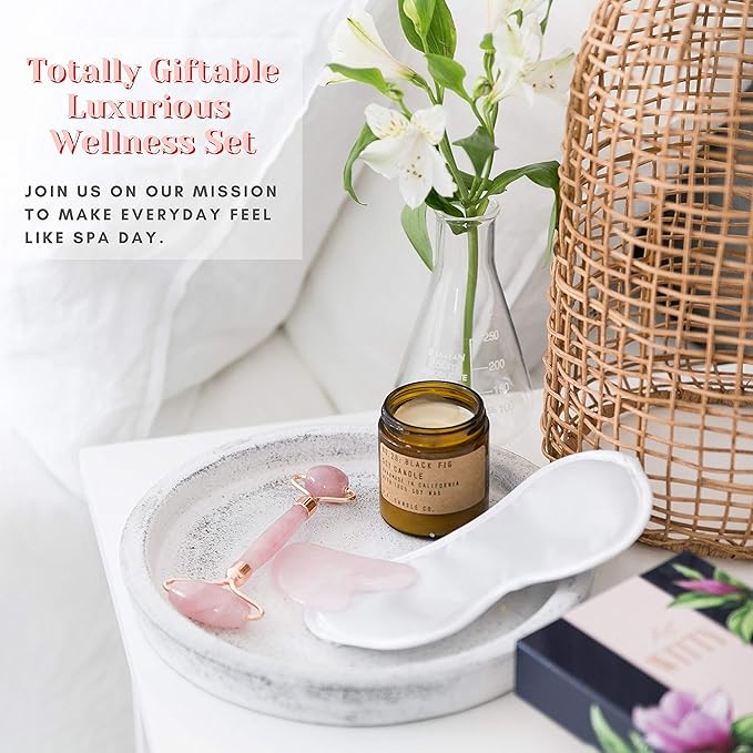 WITTY Rose Quartz Roller for Face, Gua Sha Stone Set in Hand-Drawn Giftbox - Jade Face Roller, Face Massager Roller, Face Scraper Tool - Guasha Tool for Face Roller Skin Care, Eyes, Neck - Extra Pouch
