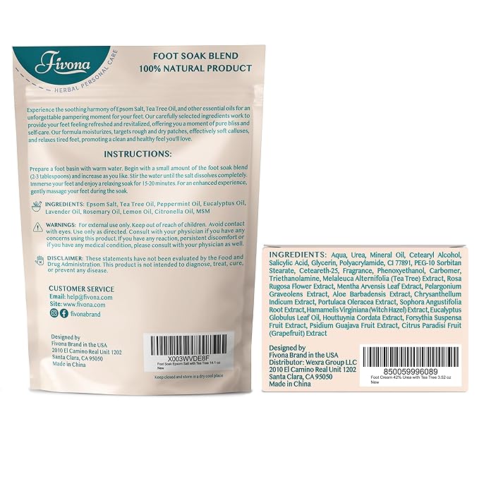 Fivona Foot Care Kit 4 in 1 - Foot Soak Blend with Epsom Salt, Tea Tree and Essential Oils - Collapsible Foot Soak Basin - 42% Urea Cream for Hard, Calloused Skin - Dual Action Foot File