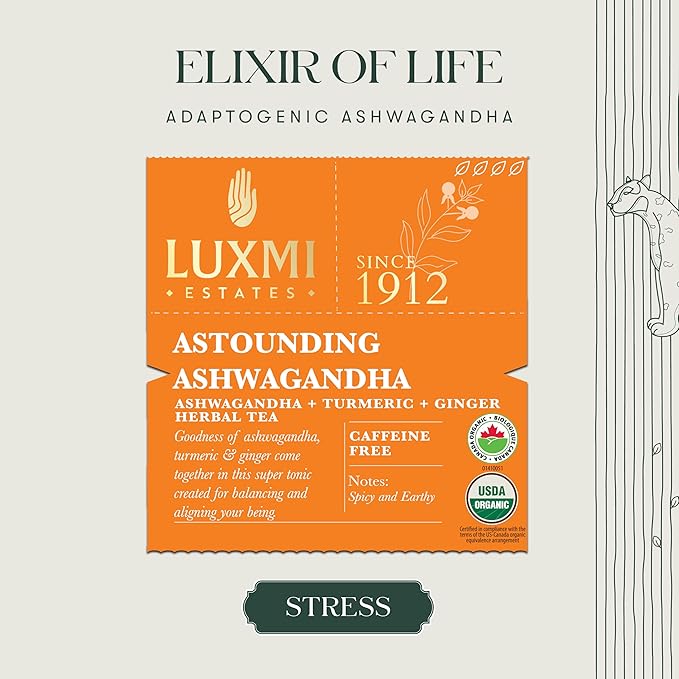 Luxmi Estates - Astounding Ashwagandha - Organic Ashwagandha Tea - Loose Leaf - 100g (50 Cups) | With Ashwagandha, Turmeric, Ginger, Lemongrass & More | Perfect Stress Relief Tea