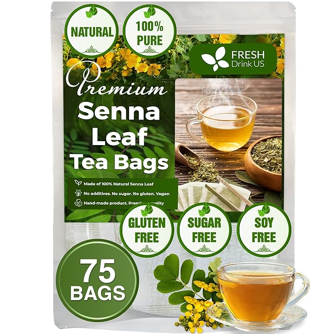 FreshDrinkUS, Premium 75 Senna Leaf Tea Bags, 100% Natural & Pure from Senna Leaves. Loose Leaf Senna Herbal Tea, Made with Natural Material Tea Bags. No Sugar, No Caffeine, No Gluten, Vegan.