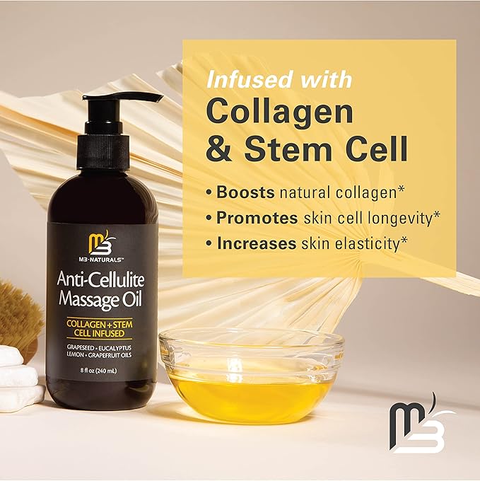 Anti Cellulite Massage Oil – Firming Body Oil with Collagen & Stem Cell | Skin Tightening, Anti-Aging & Cellulite Remover for Legs | with Natural Oils & Refreshing Aroma – 8 Fl Oz by M3 Naturals