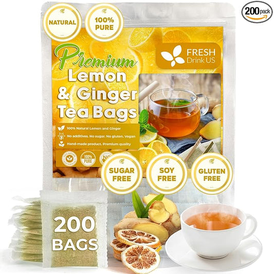 FreshDrinkUS, Premium 200 Lemon Ginger Tea Bags, 100% Natural Ingredients, Hand-made Blend of Lemon and Ginger, Eco-conscious Tea Bags. Lemon Ginger Herbal Tea. No Sugar, No Caffeine, Vegan.