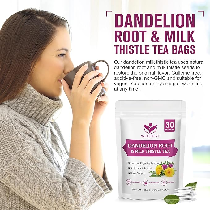 Dried Dandelion Root with Milk Thistle Tea - Natural Dandelion Root and Milk Thistle Herbal Tea bags for Liver Cleanse, Antioxidant and Immune Support, Caffeine Free - 30 Tea Bags