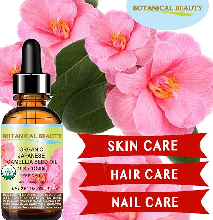 Botanical Beauty Japanese ORGANIC CAMELLIA Seed Oil. 100% Pure Natural Undiluted Refined Cold Pressed Carrier Oil to revitalize and rejuvenate the hair, skin and nails. 1 Fl. oz 30 ml