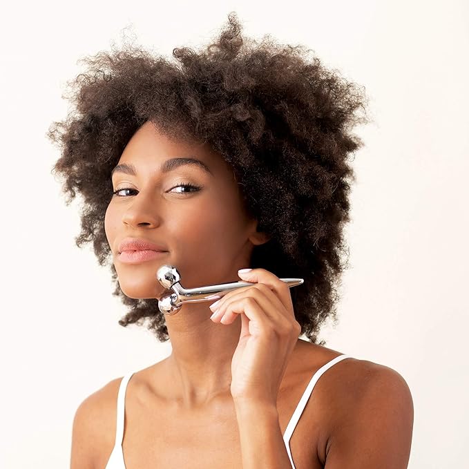 Contouring Face Roller - Skin Care Face Massager Tightens & Tones Skin Appearance, Improves Complexion, and Reduces Aging & Wrinkles, Silver