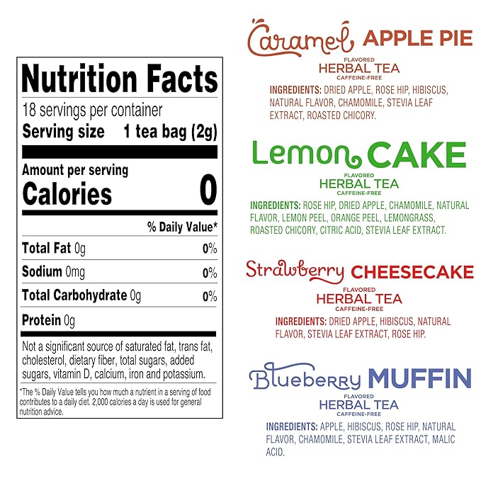 Red Rose Sweet Temptations Dessert Tea Variety Pack, Zero Sugar, Caffeine-Free Flavored Delicious Beverage Herbal Tea, 18 Count Pack of 4 Fruit Naturally Flavored Herbal Tea