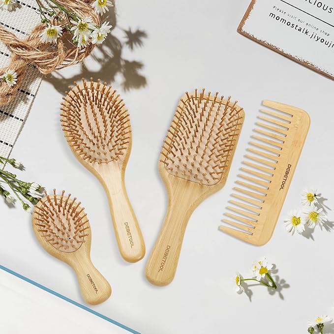 Bamboo Hair Brush Set, Natural Wooden Bamboo Comb Paddle Detangling Hairbrush for Hair Growth - Wide-tooth and Tail Comb Suitable for Thick/Thin/Curly/Dry Hair