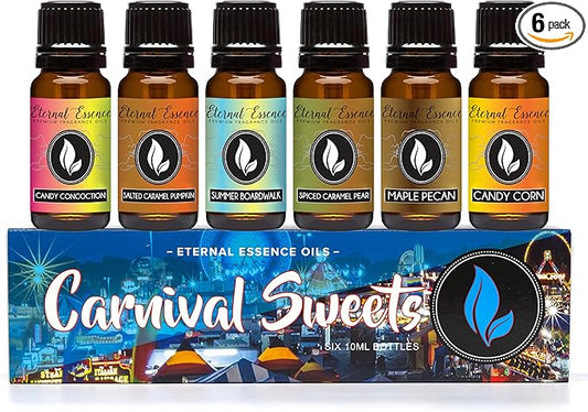 Eternal Essence Oils Carnival Sweets Set of 6 Premium Fragrance Oils - Candy Corn, Salted Caramel Pumpkin, Candy Concoction, Summer Boardwalk, Spiced Caramel Pear, and Maple Pecan Scented Oils - 10ML