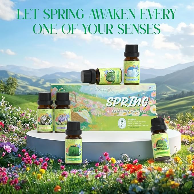 Spring Fragrance Oils Set, Essential Oil Gift Set for Diffuser, Spring Scent Diffuser Oil, Diffuser Scents Oil for Home,Freesia,Breeze,Fresh Green Willow,Fresh Cut Grass,Jasmine, After Rain
