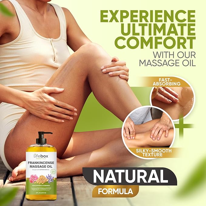 Frankincense Massage Oil – 100% Pure & Natural - Massage Therapy Oil for Soreness & Stiffness – Stretch Marks and Scars Body Oil Infused with Frankincense Essential Oil and Geranium Oil – 8 FL OZ