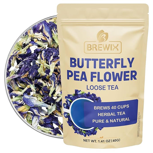 BREWIX, Butterfly Pea Flower Herbal Tea Loose Leaf (40+ Cups,1.41oz/40g) | Caffeine Free | Premium Dried Butterfly Pea Flowers For Blue & Purple Drinks, Food Coloring