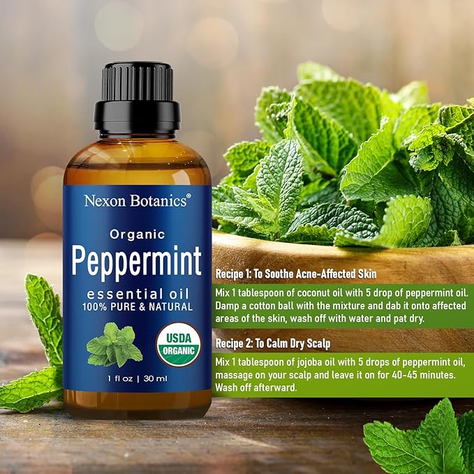 Organic Peppermint Essential Oil 30 ml - Pure Natural Mint Oil for Aromatherapy, Diffusers, Hair & Skin Care - Undiluted Menthol - Nexon Botanics