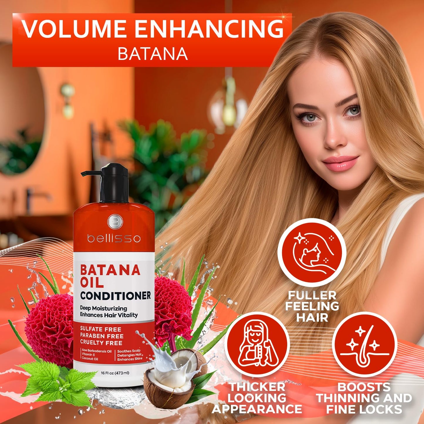 BELLISSO Batana Oil Conditioner for Women and Men - Sulfate Free, Volumizing Treatment for Thinning Hair - Thickening, Volume Boost - 16 Fl Oz