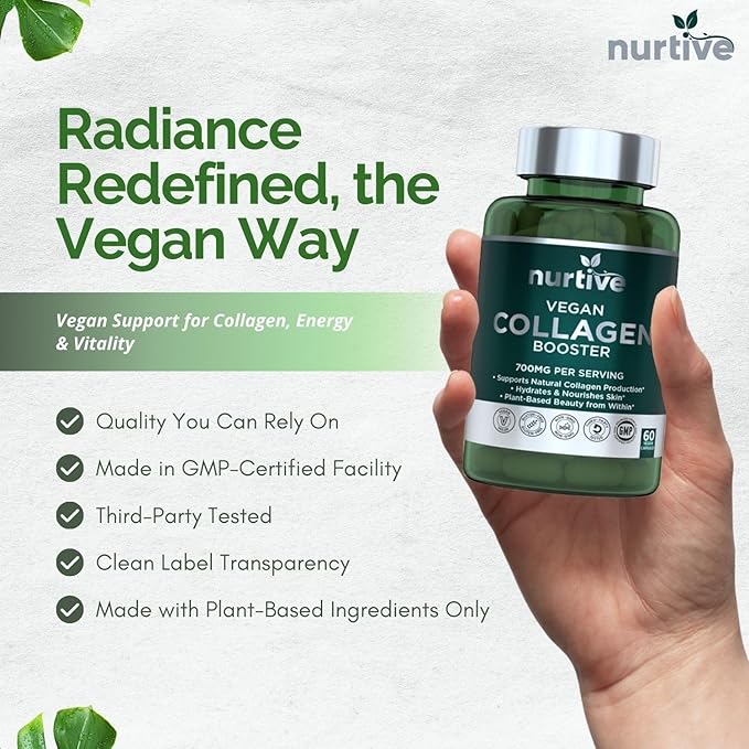 Plant-Based Collagen Booster - Vegan Support with Vitamin C, Amino Acids & Hyaluronic Acid - 700mg per Serving - Third-Party Lab Tested - Non-GMO, Gluten-Free, No Fillers - 60 Vegan Capsules