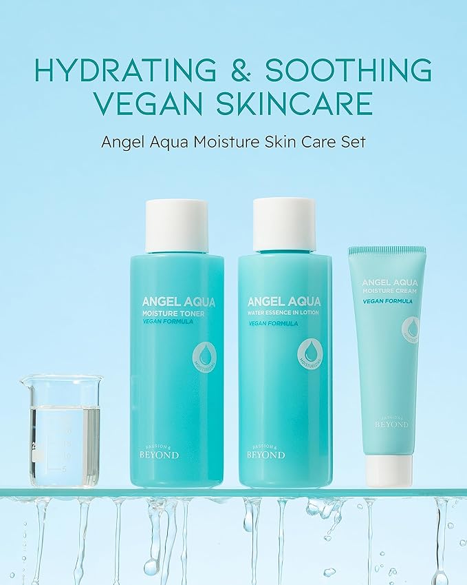BEYOND Angel Aqua Moisture Skincare Set (11.2fl oz , 3-Piece Set) - Vegan Formula Korean Skin Care for Dry & Rough Skin. Toner & Emulsion. Hyaluronic Acid, Cica, Pantenol