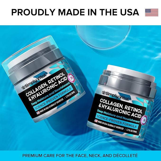 SimplyVital Collagen, Retinol & Hyaluronic Acid Cream - Anti-Aging Face Moisturizer for Face, Firming Skin Care Neck & Décolleté - Made in USA, Daily Moisturizer Face Cream Day & Night - 1.7 fl.oz.