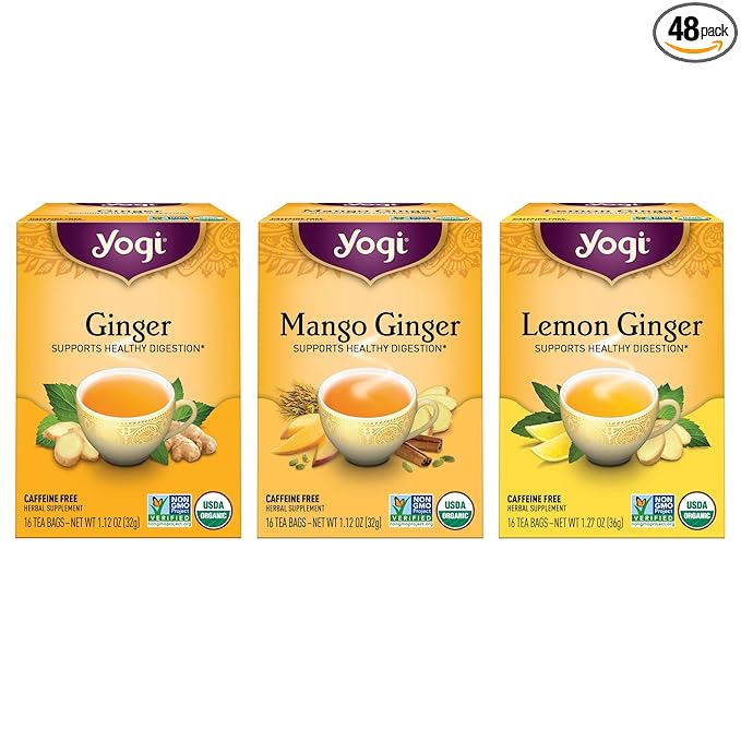 Yogi Tea Ginger Variety Sampler - 16 Bags per Pack (3 Packs) - Caffeine-Free, Organic Nausea Relief Teas – Supports Digestion - Includes Ginger, Mango & Lemon Flavors