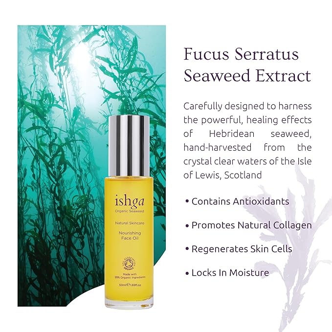 Ishga Organic Nourishing Face Oil | Scottish Seaweed, Jojoba, Almond Oil, Rose Geranium | Vegan, Cruelty-Free | 1.69fl oz (50ml)