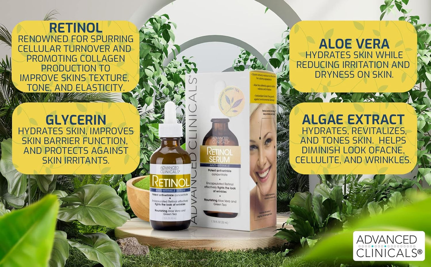 Advanced Clinicals Retinol Serum For Face + Hyaluronic Acid Serum + Vitamin C Serum Skincare Set | Face Serum For Women | Anti Aging Serums For Brightening, Firming, & Hydrating | 1.75 Fl Oz, 3pc Set