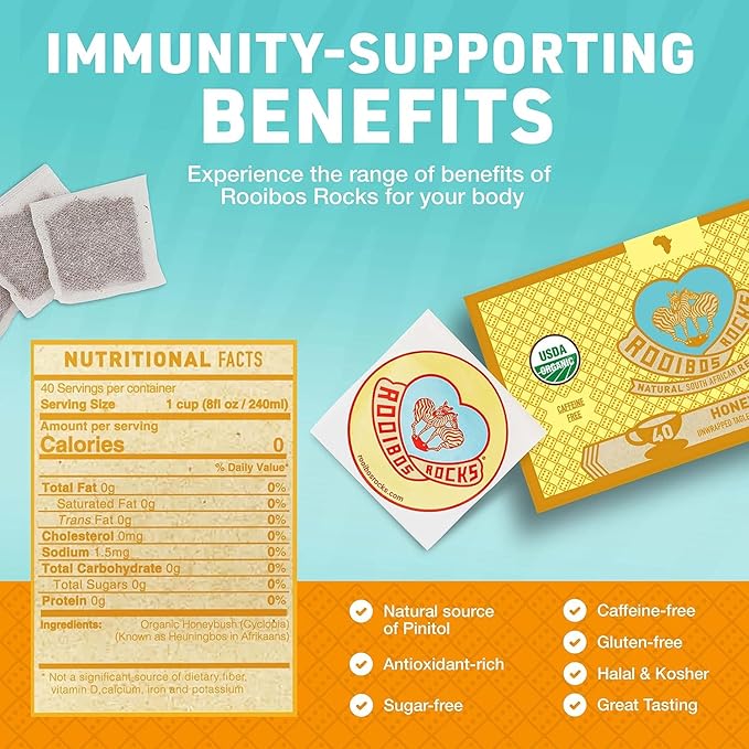 Caffeine Free South African Honeybush Tea 40 Decaf Tea Bags - Premium Tea Safe for Children, Pregnant Women and Nursing Moms – Naturally Sweet, Sustainably Sourced and Ethically Farmed in South Africa