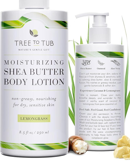 Tree to Tub Cocoa Butter Lotion for Sensitive Skin - Moisturizing Shea Butter Lotion for Extremely Dry Skin for Women & Men - Lemongrass & Coconut Body Cream w/Organic Aloe Vera, Colloidal Oatmeal