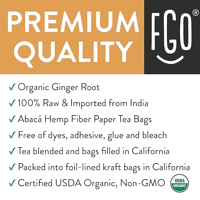 FGO Organic Ginger Tea, 20 Count, Eco-Conscious Tea Bags, Caffeine Free, Packaging May Vary (Pack of 1)