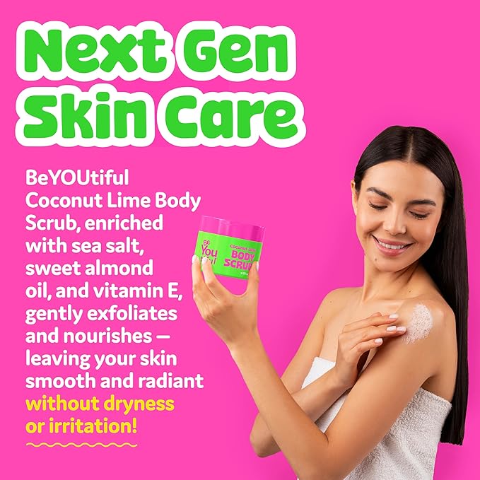 BeYOUtiful Coconut Lime Body Sugar Scrub for Kids & Teens - Gentle Exfoliating Scrub with Shea, Sweet Almond Oil & Vitamin E, Cruelty-Free, 16 oz