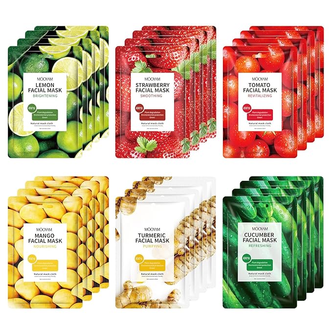 Face Mask Skincare - 24 Sheet Masks, Spa Party Face Masks, Natural Ingredients, Moisturizing & Soothing - Suitable for All Skin Types