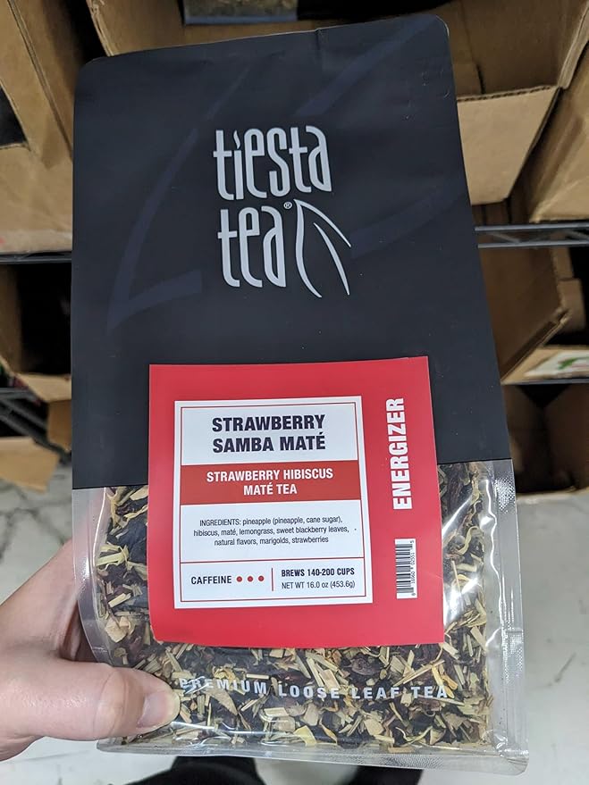 Tiesta Tea - Strawberry Samba Mate | Loose Leaf | Strawberry Hibiscus Mate Tea | High Caffeinated Fruit Blend | Make Hot or Iced Up to 200 Cups | 16oz Resealable Bulk Bag