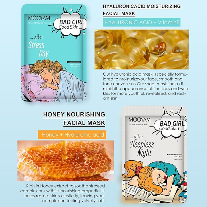 Face Masks Skincare Set for Girl,Moisturizing Collagen Facial Masks for Women Home Spa,Hyaluronic Acid Face Mask for All Skin Types,Day Night Facial Mask Hydrating,Deep Cleaning,Oil Contral(6Pack)