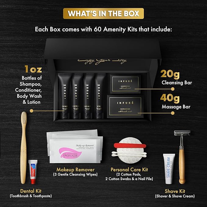 Infuse Black Amenity & Accessory Kit | 1 oz Travel Size Shampoo, Conditioner, Lotion, Body Wash, Body Bar, 2 Cleansing Bar, Shave & Dental Sets, Make-Up Remover Wipes, & Vanity Kit | 60 sets per case