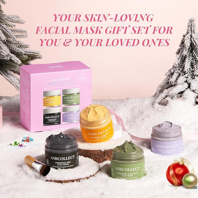 Face Mask Set, 4Pcs Clay Mask, Face Masks Skin Care with Vitamin C, Charcoal, Mugwort and Purple Clay, Skincare Gift Set for Blackheads, Refining Pores & Controling Oil, Dry Oily Skin