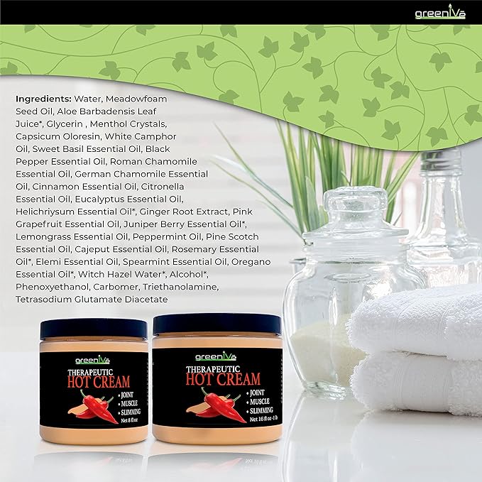 GreenIVe Hot Cream Massage Lotion for Joints Muscles and Skin Tighting Wraps Hot & Cold Sensation Bulk Jar (16oz Jar)