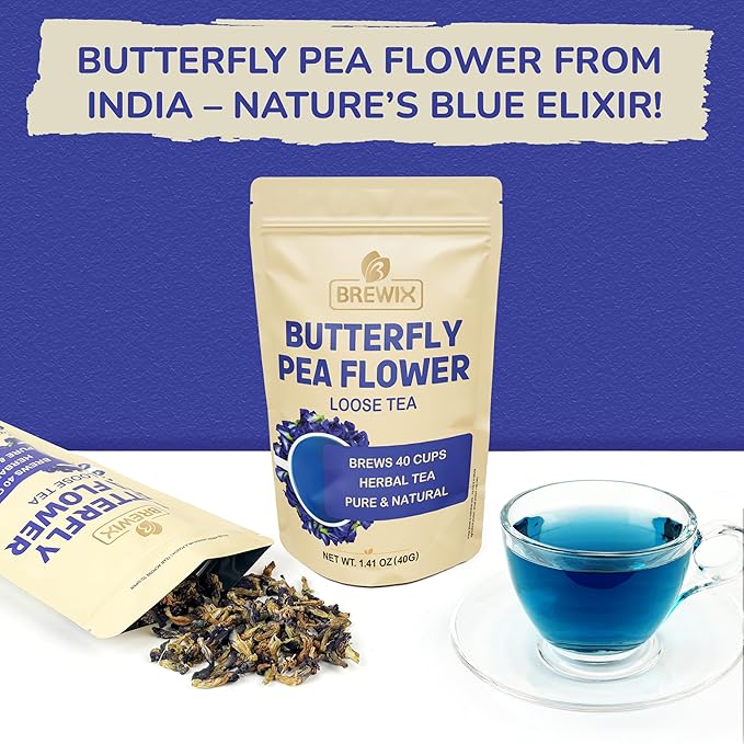 BREWIX, Butterfly Pea Flower Herbal Tea Loose Leaf (40+ Cups,1.41oz/40g) | Caffeine Free | Premium Dried Butterfly Pea Flowers For Blue & Purple Drinks, Food Coloring