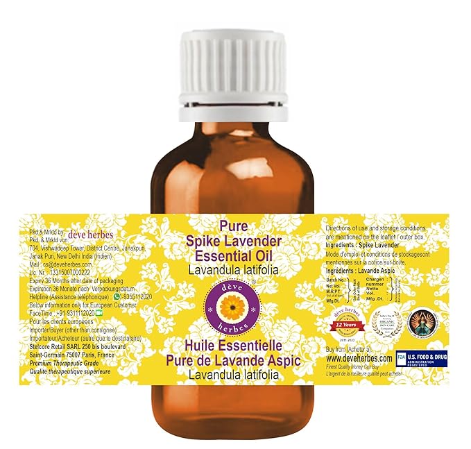 Deve Herbes Pure Spike Lavender Essential Oil (Lavandula latifolia) Steam Distilled 50ml (1.69 oz)