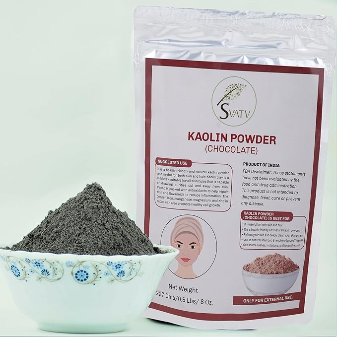 SVATV Kaolin Clay Chocolate Natural For Face Mask Herbal Skin Face Powder Makeup, Bath Bomb Clay, DYI Spa Mud Mask For Face & Hair & Soap Making For Men & Women 227g, Half Pound