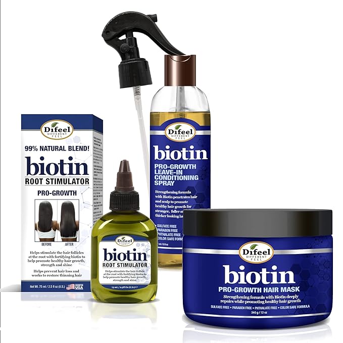 Difeel Biotin 3-PC Hair Growth Treatment Powerpack - Includes 12oz Hair Mask, 6oz Leave in Conditioning Spray & 2.5oz Root Stimulator