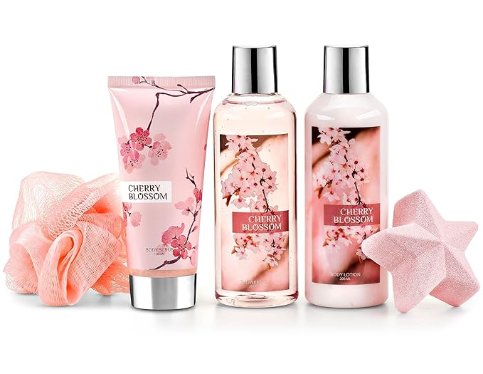 Freida & Joe Fragrance Bath & Body Collection Gift Box, Includes Shower Gel, Body Lotion, Body Scrub, Bath Bomb & Sponge (Japanese Cherry Blossom)