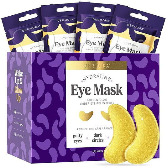 DERMORA Golden Glow Under Eye Patches (50 Pairs Eye Gels) - Rejuvenating Treatment for Dark Circles, Puffy Eyes, Refreshing, Revitalizing, Travel, Wrinkles