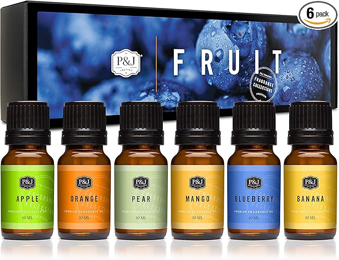 P&J Trading Fragrance Oil Fruit Set | Orange, Mango, Apple, Blueberry, Banana, and Pear Candle Scents for Candle Making, Freshie Scents, Soap Making Supplies, Diffuser Oil Scents