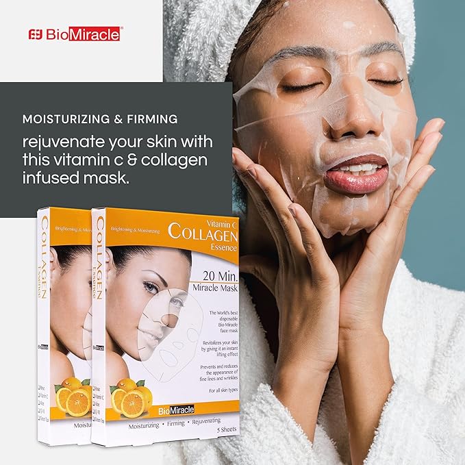 BioMiracle Vitamin C Collagen Essence, 20 Min Miracle Mask - Moisturizing, Firming and Rejuvinating (5 Pack, Pack of 2)