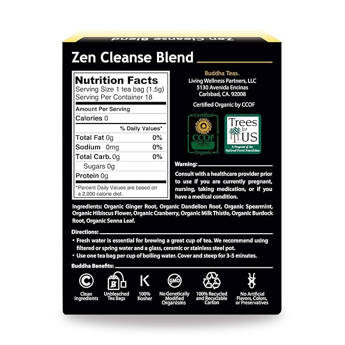Buddha Teas Organic Zen Cleanse Blend - OU Kosher, USDA Organic, CCOF Organic, 18 Bleach-Free Tea Bag