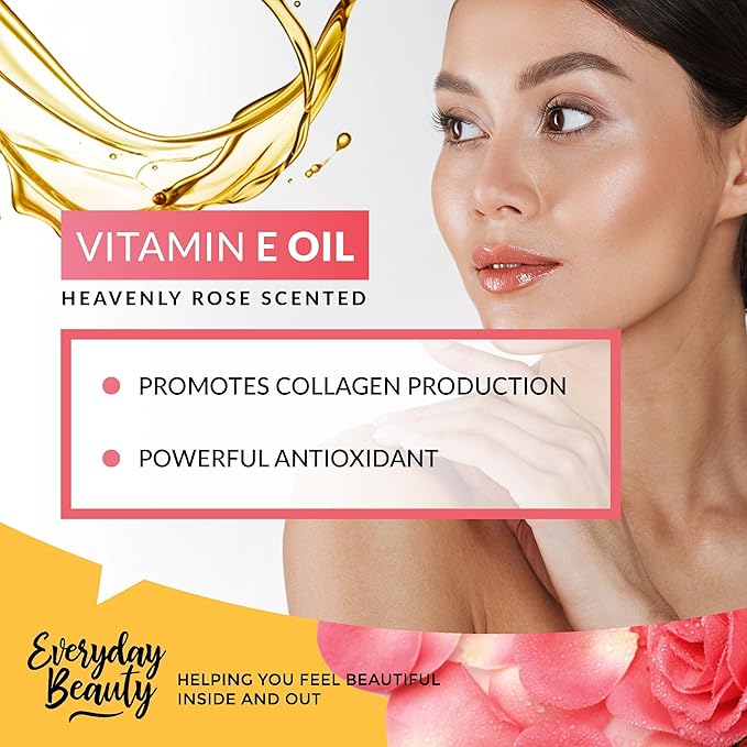 Organic Vitamin E Oil - Heavenly Rose Scented USDA Certified 100% All Natural Plant Based 4oz - Light and Rose Scented Great for Scars After Surgery - For Face, Skin and Nails