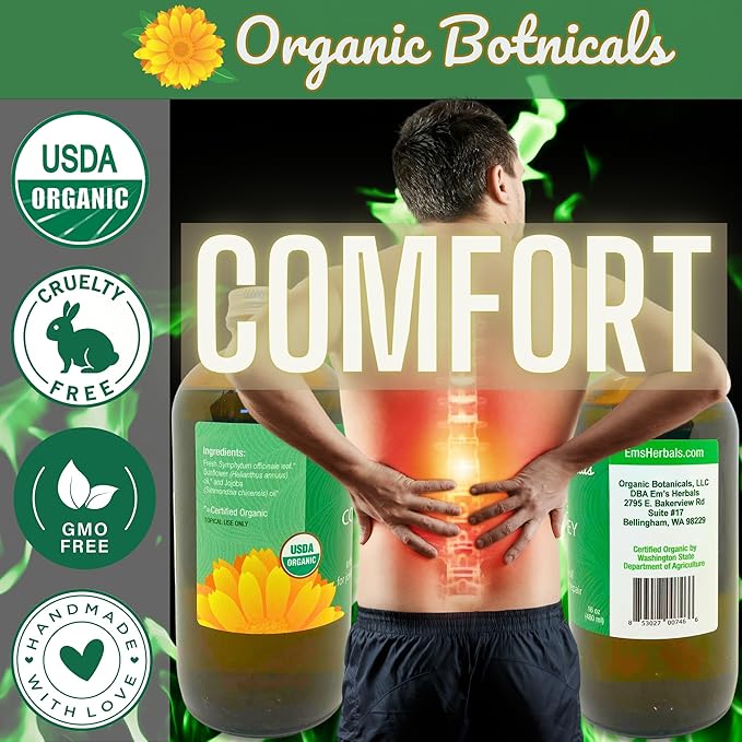 Pure Comfrey Leaf Infused Oil - Skin Care for Joints, Back, Muscles, Fractures, Bruises, and Minor Wounds, Natural Herbal Body Massage Oil, Certified Organic (16 oz)