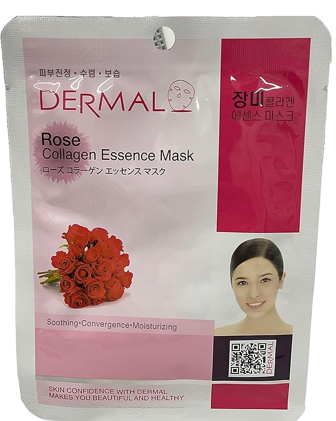 DERMAL Rose Collagen Essence Facial Mask Sheet 23g Pack of 10 - Refreshing & Moisturizing for Tried and Dry Skin, Calming, Daily Skin Treatment Solution Sheet Mask