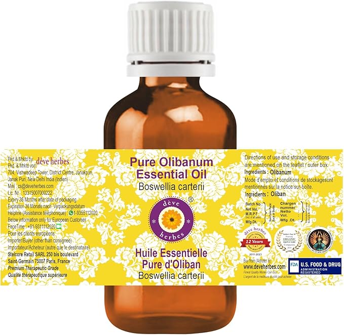 Deve Herbes Pure Olibanum Essential Oil (Boswellia carterii) Steam Distilled 15ml (0.50 oz)