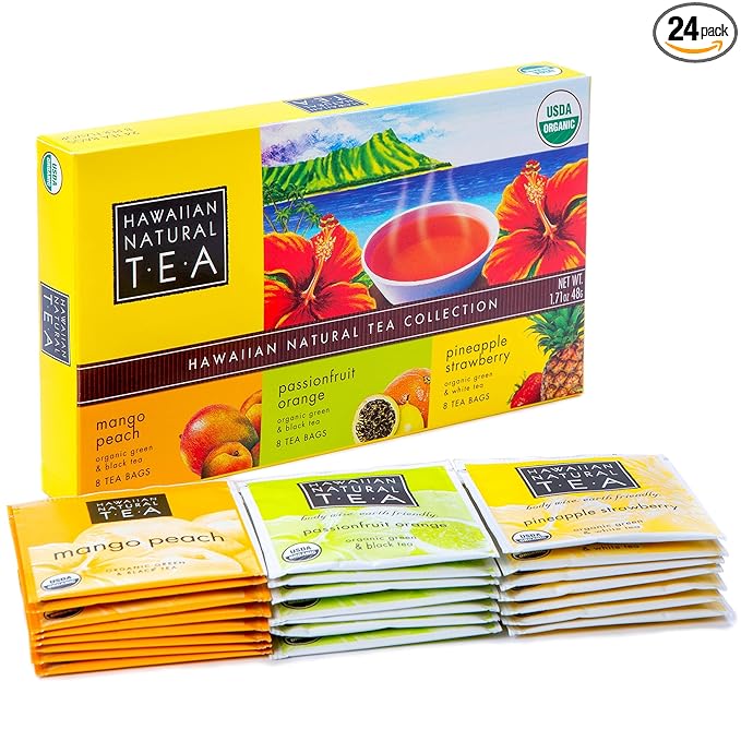 Hawaiian Natural Organic Tropical Fruit Tea Sampler - Green, Black, White Tropical Fruit Tea Blends, Gift Box Set For Special Occasions - 24 Bags