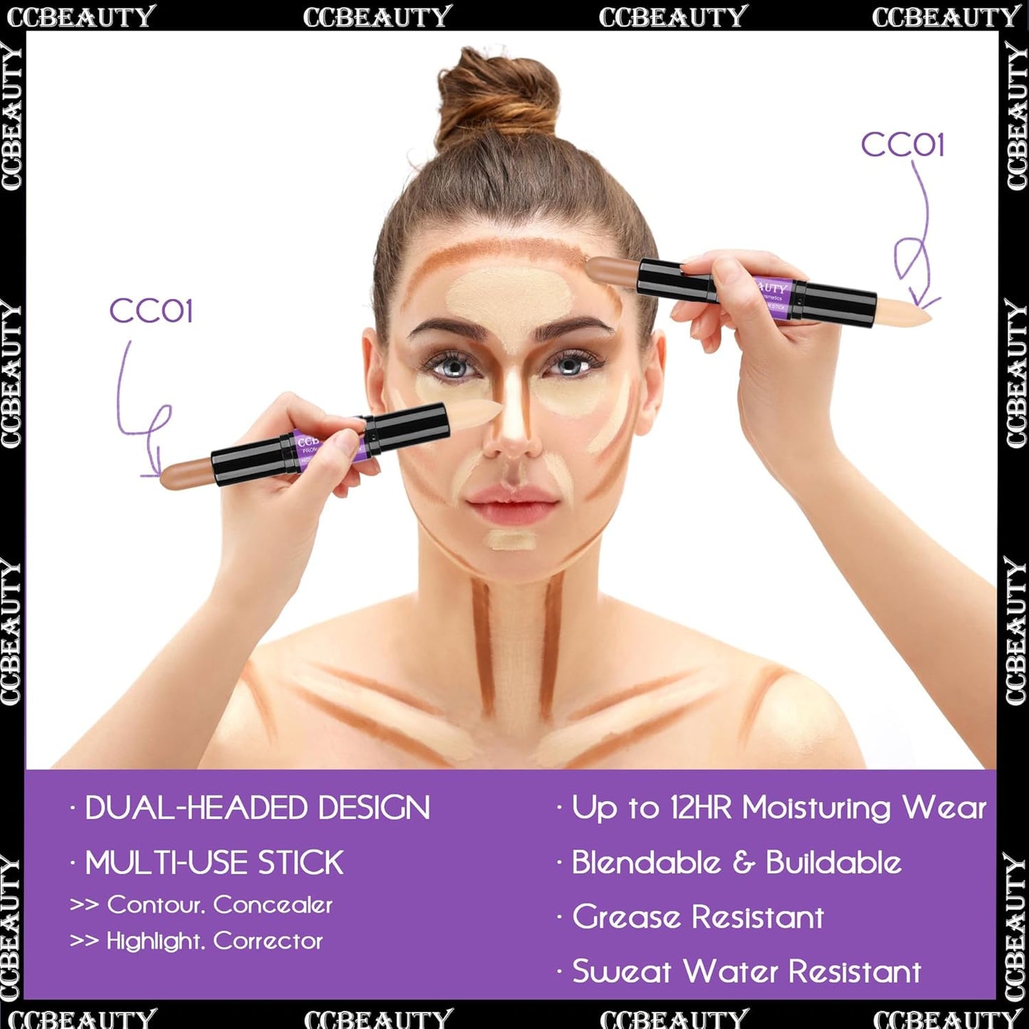 CCbeauty 2-IN-1 Matte Contour Stick,Cream Dual Highlight Concealer Stick, Highlighting & Contouring Kit, Bronzer Highlighter Sticks for Face Shaping Makeup, Long Lasting & Waterproof